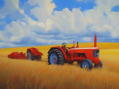 18575-1888616135-painting of golden grain fields hills, tractors harvesting, art by socialistrealism, blue sky with clouds, light rays.png